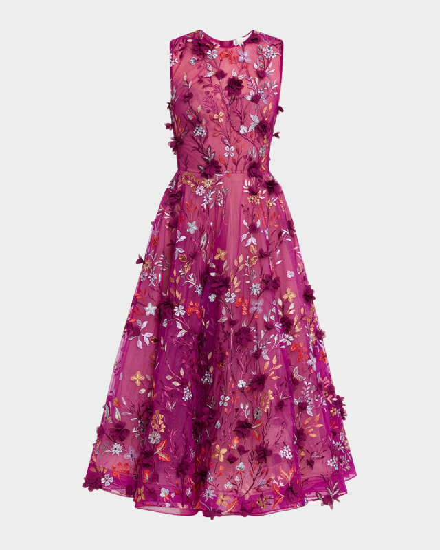 Saba Floral-Embroidered Sleeveless Midi Dress